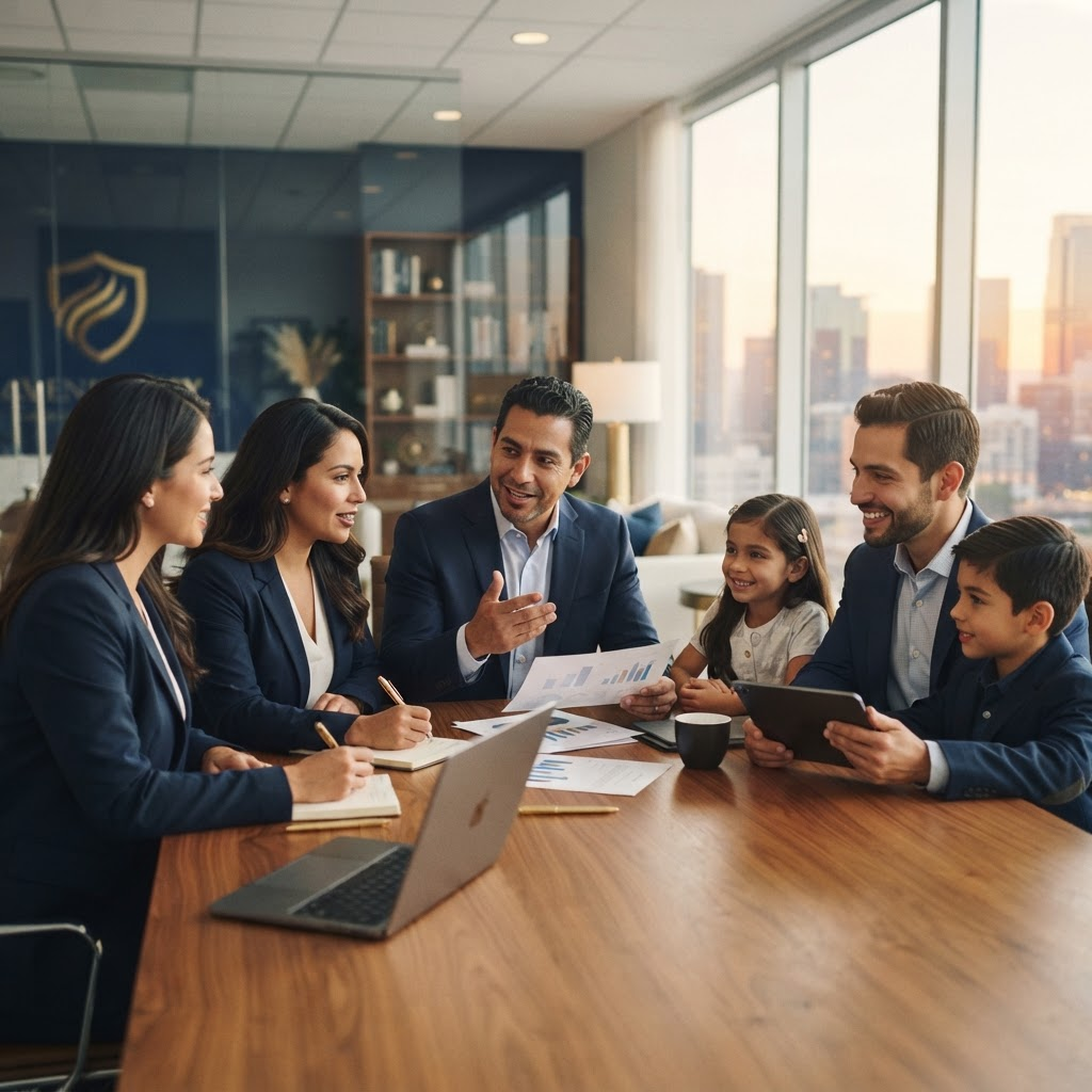 Latino professionals and families collaborating in a modern office